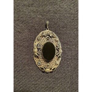 Vintage Victorian Revival Brass Filigreed Pendant Black Onyx Enamel &Pearls READ